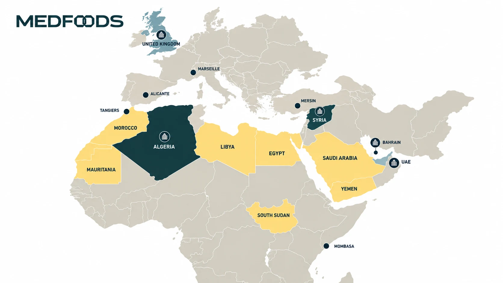 Map of Medfoods markets, offices and logistics hubs across Europe, North Africa, the Middle East and East Africa.